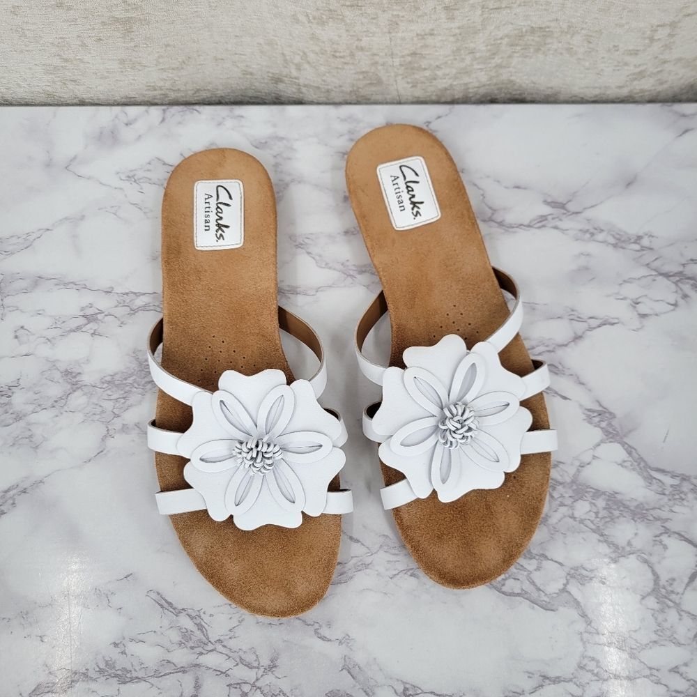 Clarks Women's White Floral Sandals Leather Upper